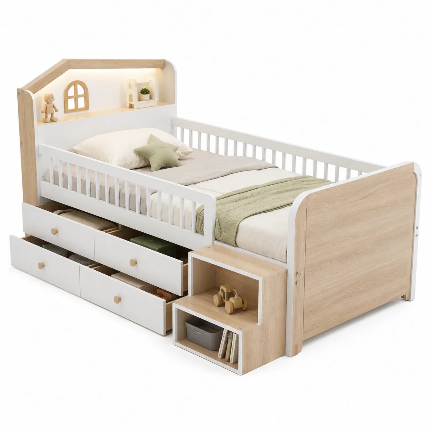 Cama de madera con cajones y estanterías para niños en blanco y natural