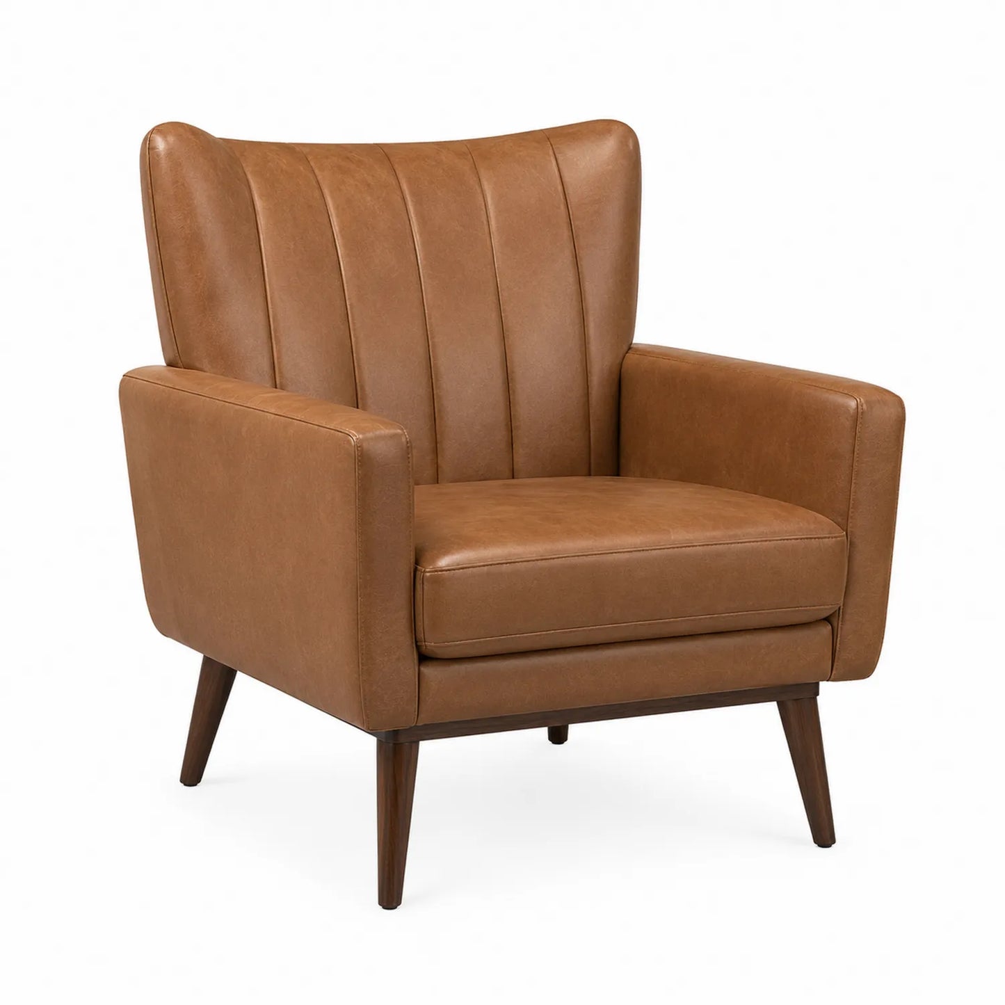 Sillón de cuero PU marrón con patas de madera de nogal