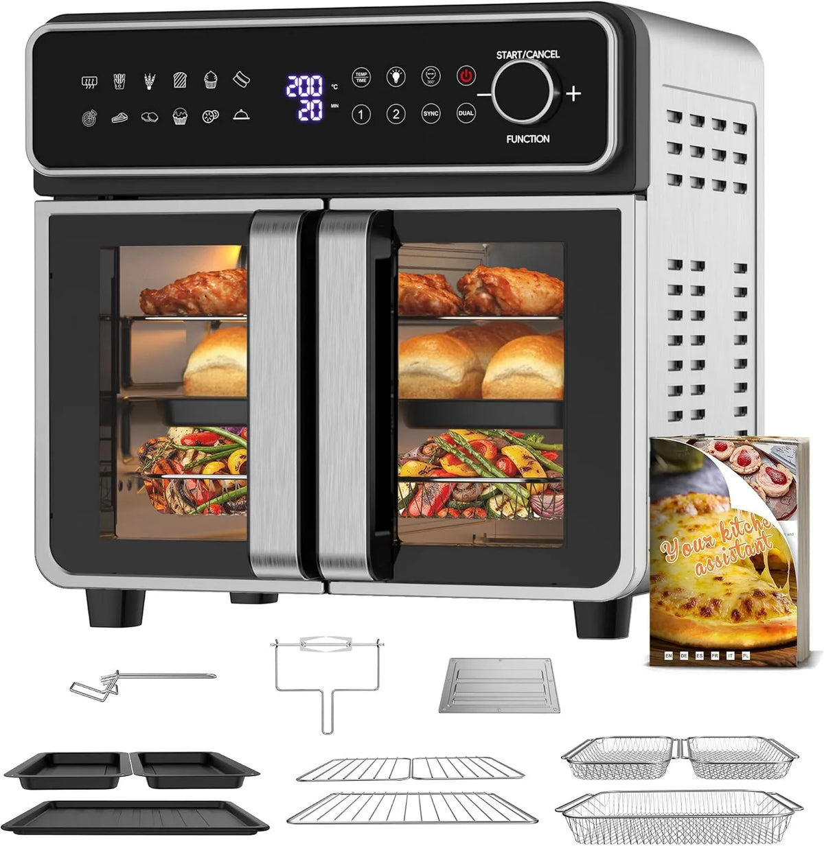 Emphsism Forno elétrico 12-em-1, 23 L, 2400 W, 23L Fryous Air Chaud Famílias, 200 °C, 2400W Fritadeira de ar, Grande família de fritadeira sem óleo, Mini Forno