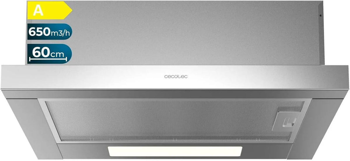Cecotec Bolero TLM exaustor de fluxo, 60 cm, 165 W, 650 m3/h, tampa de cozinha, aço inoxidável, aço inoxidável, 2 níveis de potência, controlo