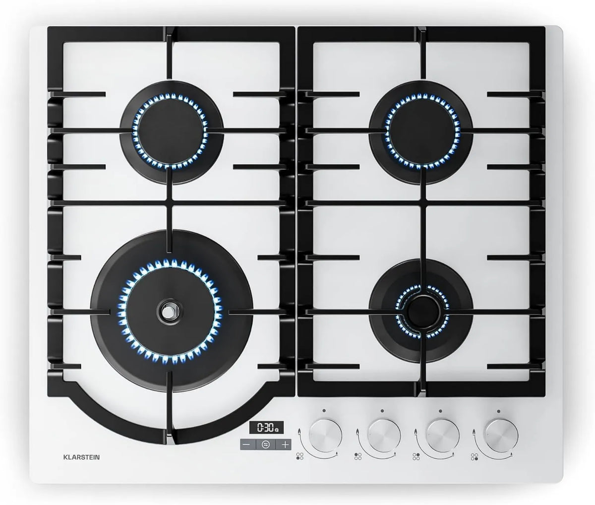 KLARSTEIN placa de gás, 60x51cm, 8000W, temporizador, ferro fundido, placa de gás, branco, 4 queimadores de alumínio, 8000W, segurança de chama