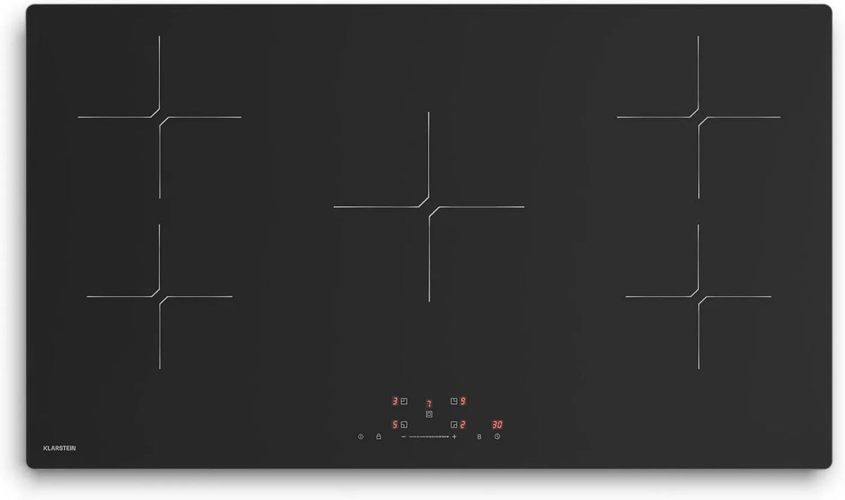 KLARSTEIN placa de indução, 90cm, 5 lareiras, 9800 W, mesa de cozinha de indução, Boost, toque, travamento, recesso, temporizador, 5 zonas