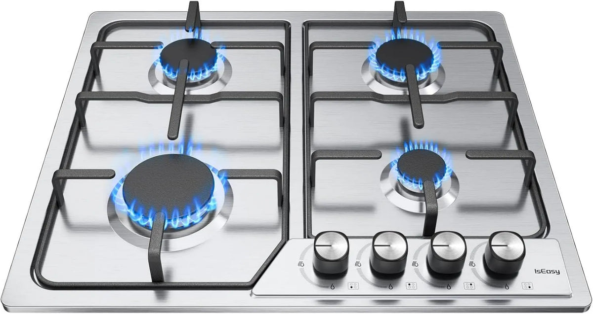 IsEasy Placa de gás, 60cm, 4 lareiras, 7200W, encastrada, aço inoxidável, placa de gás, Gas City e Garrafa