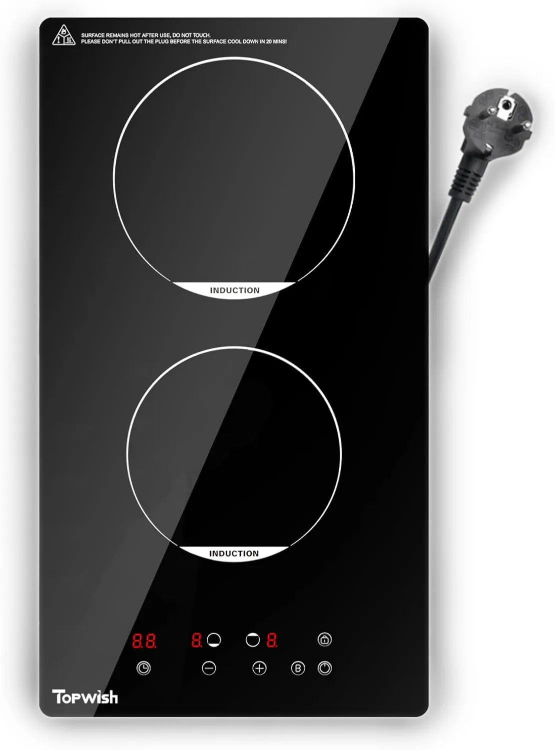 Placa de indução, 30cm, 2 lareiras, 3500W, mesa de cozinha de indução, Boost, TOPWISH Placa de indução 2 zonas, 3500W, placa elétrica