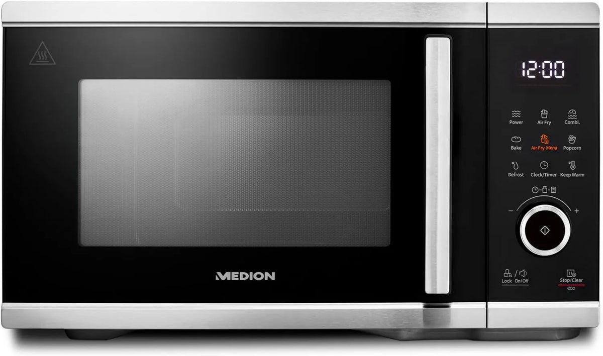 MEDION Secador de ar quente MD11499, 25 L, 900/1500 W, 10 programas, descongelamento, preto, 10 níveis de potência, Microondas com fritadeira de ar