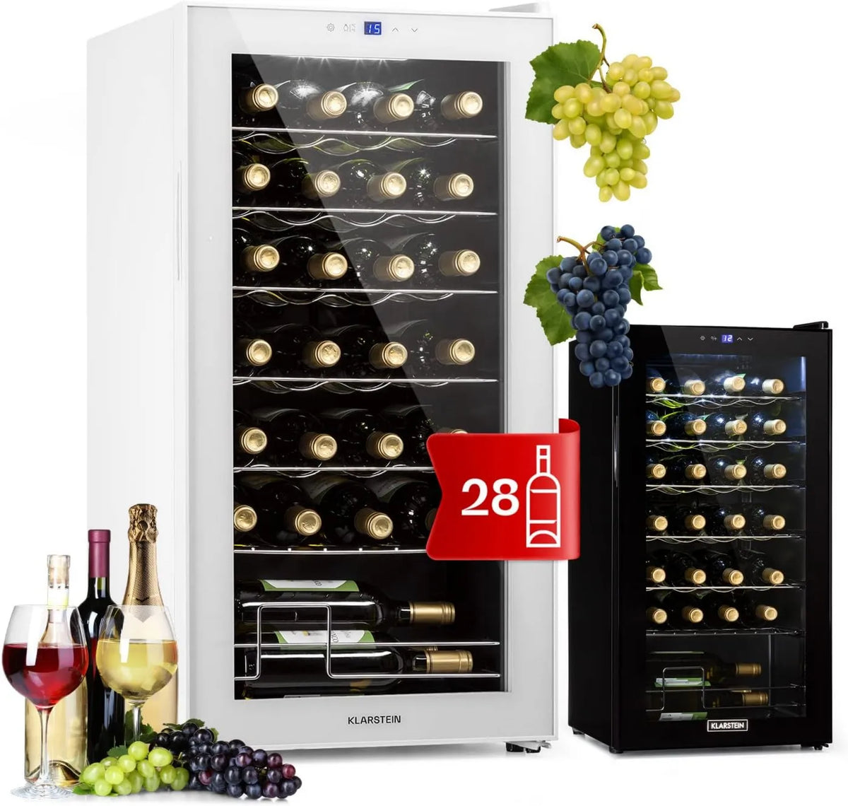 KLARSTEIN adega elétrica, 74 L, 28 garrafas, 1 lareira, 5 a 18 °C, vidro, instalação livre, silencioso, aço inoxidável, aço inoxidável, LED, 1 Zona