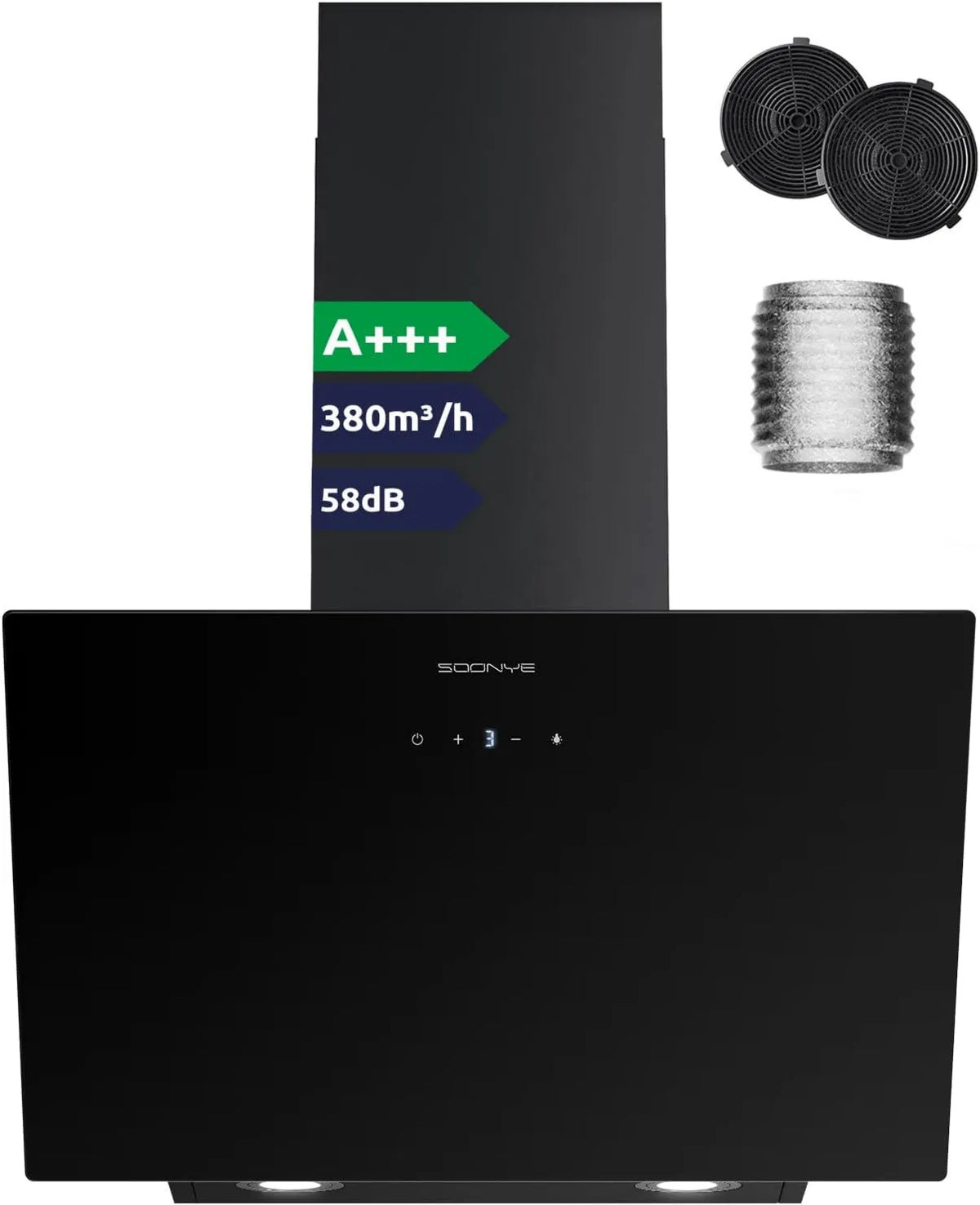 Soonye exaustor, 60cm, 380m3/h, classe energética A, capa de cozinha, inclinação, evacuação e reciclagem, exterior, instalação de parede, toque