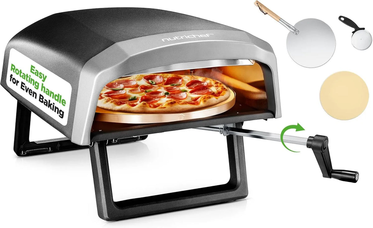 NutriChef Forno de pizza elétrica, 30, 5 cm, portátil, exterior, grelha, aço inoxidável, 360° pedra de pizza rotativa, máquina de pizza de aquecimento rápido