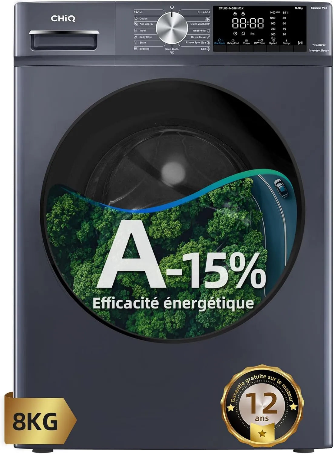 Máquina de lavar roupa CFL80-14586IM3xA, 8 kg, 76 dB, classe energética A, toque, inversor, vapor, cinza, 1400 T, min, 520mm, máquina de lavar roupa CHiQ 8kg com classe