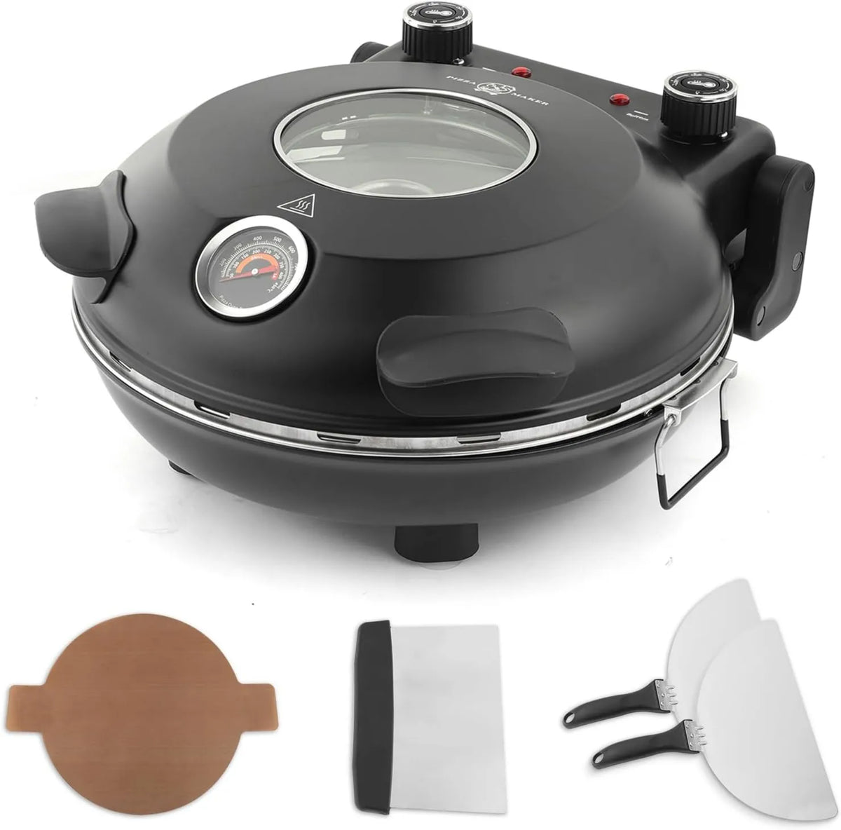 klaif Forno de pizza elétrica, 31 cm, 2 zonas de temperatura, preto, preto-LMR, dois controlos de temperatura ajustável e 4 ferramentas de pizza incluídas