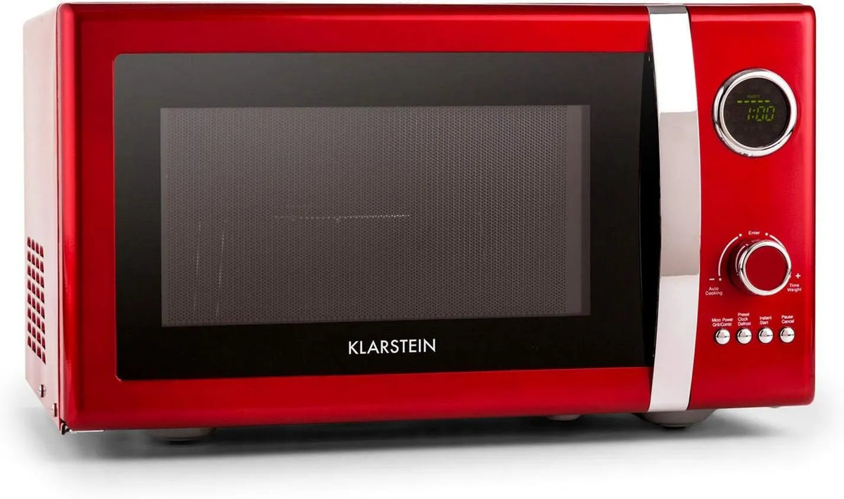 KLARSTEIN 2-em-1 Microondas, 23 L, 800/1000 W, 12 programas, temporizador, grelhador, ecrã LCD, microondas, vermelho, caixa de metal