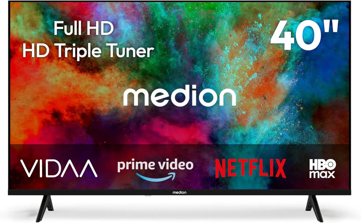 MEDION Smart TV, 40 polegadas, TV, HDR, sintonizador triplo DVB-T2, S2, Full HD, gravação PVR, MD 840102, Loja VIDAA, DAZN, 3 cm, Vídeo Prime, Disney+