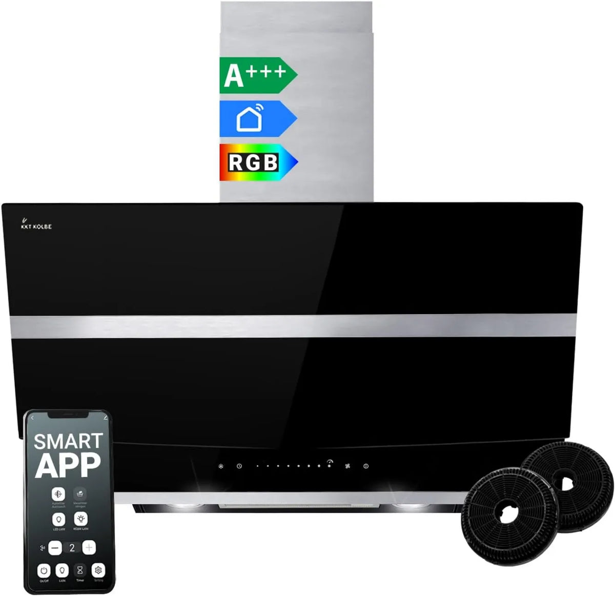 KKT KOLBE CABELO HERMES8005SM, 80 cm, capa de cozinha, inclinada, iluminação LED, instalação de parede, toque, Wi-Fi, aço inoxidável, preto, WiFi