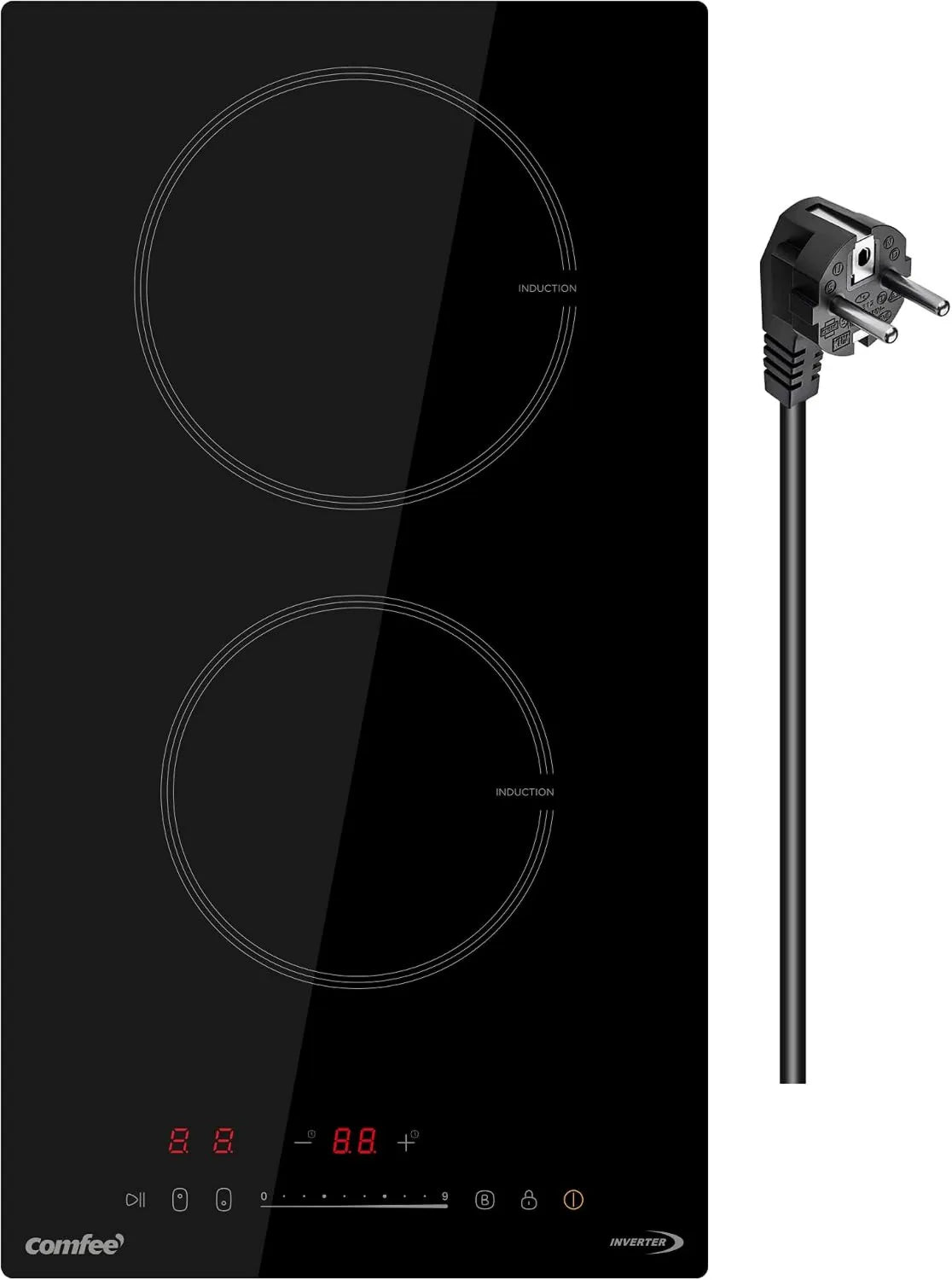 Produto 3500 W, tabela de cozedura de indução Comfee' Recessable 2 zonas, Preto, 20% Grande Superfície, 9 Níveis de Potência, Função de aumento