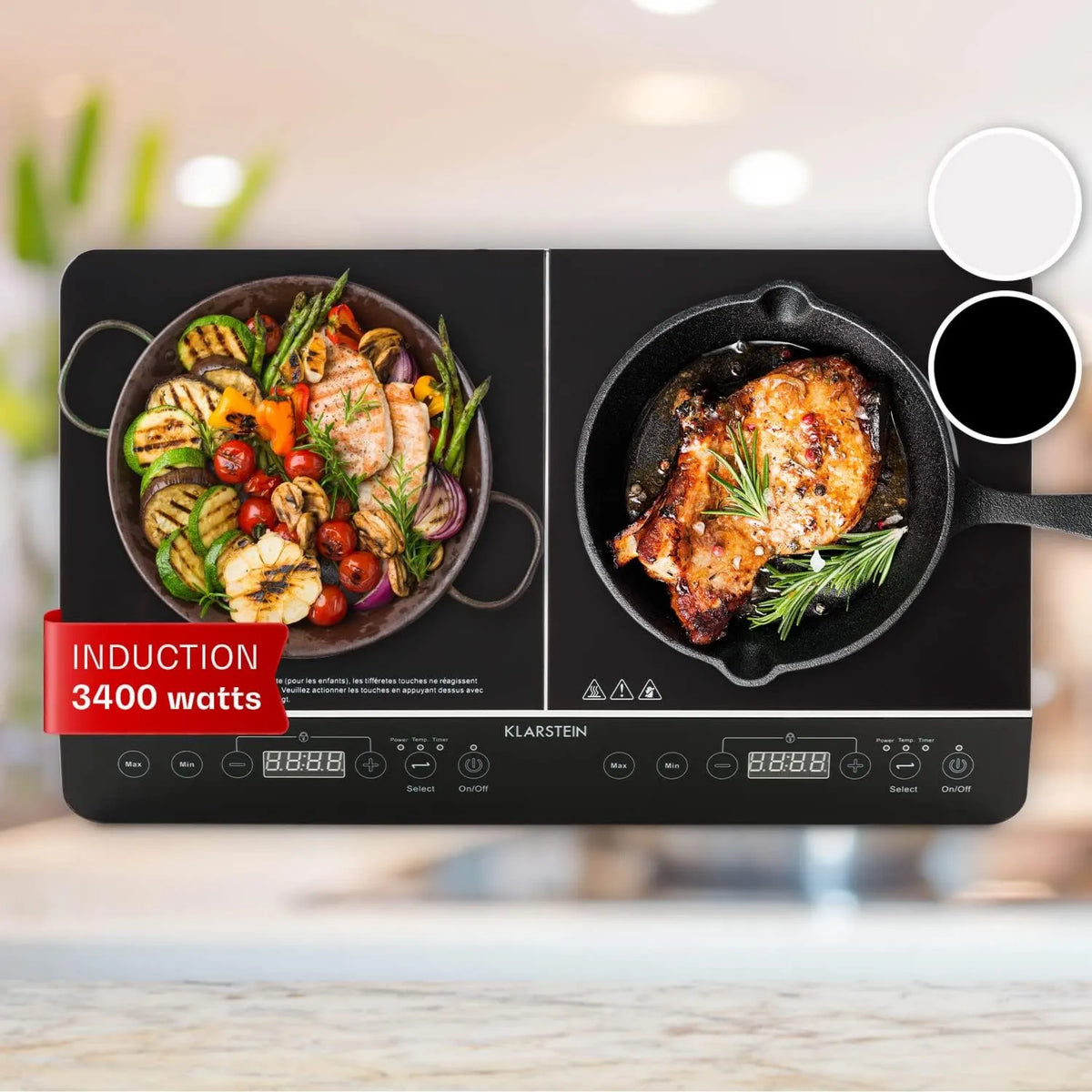 KLARSTEIN Induction Plate, 2 lareiras, 3400 W, mesa de cozinha indução, toque, portátil, 2 zonas, Klarstein 3400W, poderoso, calor