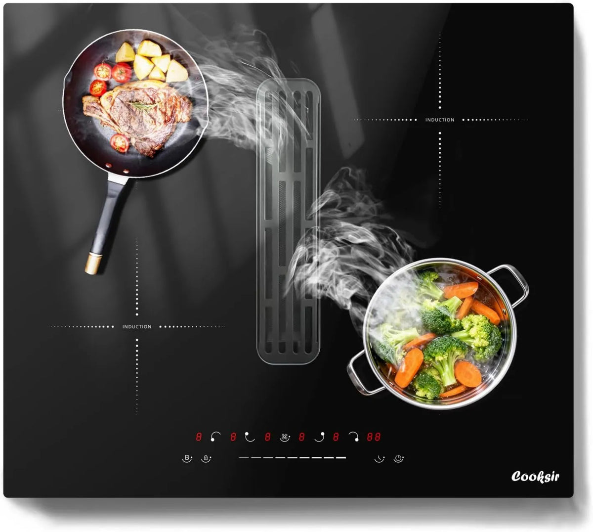 Cooksir Placa de indução, 60CM, 4 lareiras, 6400/135 W, 220 V, mesa de indução de cozinha, Boost, recesso, temporizador, exaustor 135W, 220V