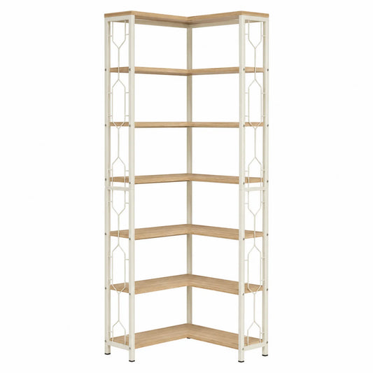 Estantería de esquina de metal y MDF 5 niveles 180 cm Blanco/Roble