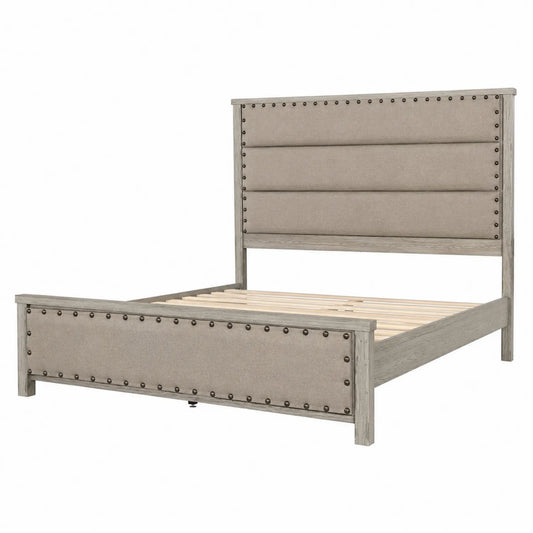 Cama con cabecera y piecero de lino y madera maciza 200 cm x 150 cm