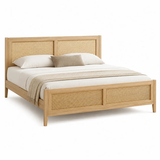 Cama de Madera de Roble y Ratán Natural 200x150 cm