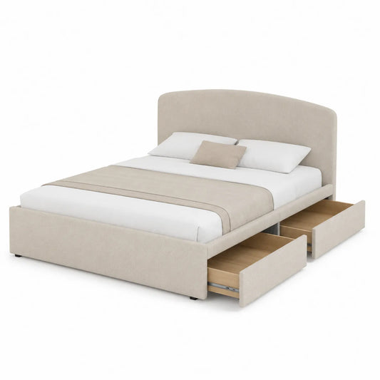 Cama doble con almacenamiento de madera contrachapada y tela beige 200x150 cm