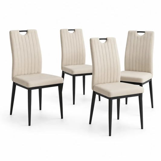 Set de 4 Sillas de Comedor Tapizadas en Tela Beige con Patas de Metal Negro