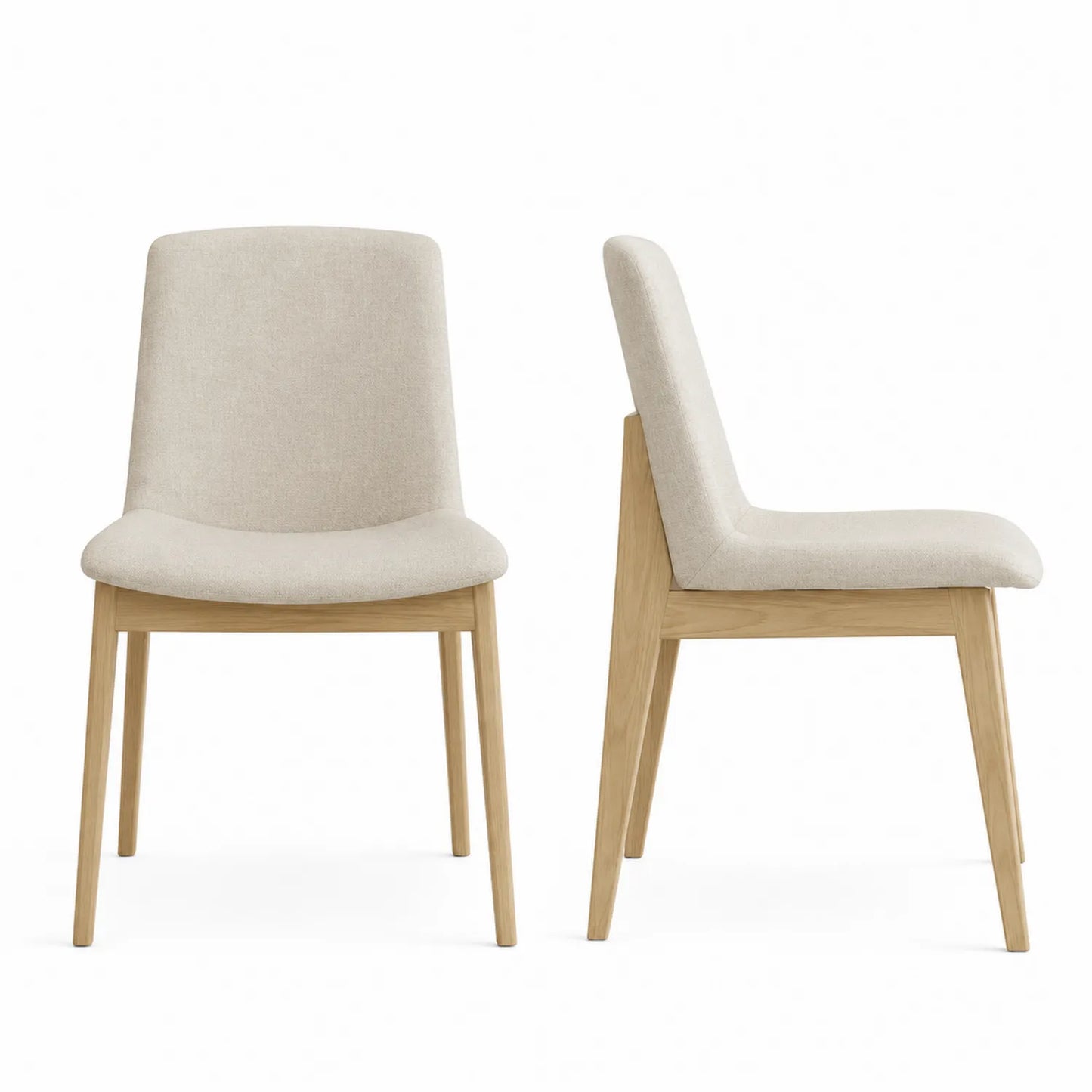 Sillas de comedor tapizadas en tela beige con patas de madera de roble, set de 2