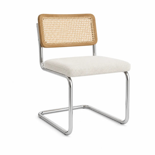 Silla de comedor de mimbre y metal con asiento crema