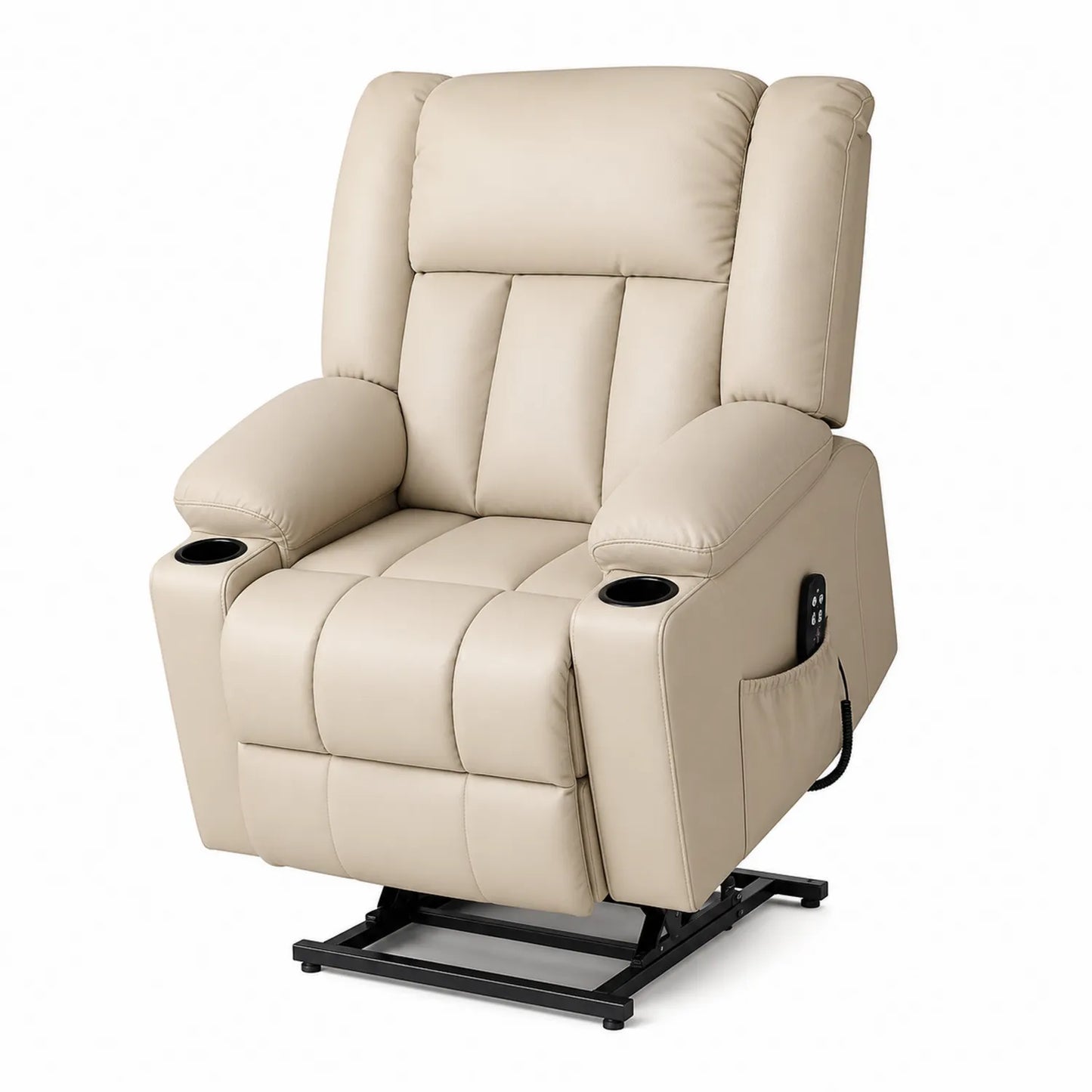 Sillón reclinable de cuero sintético beige con soporte y control remoto 95x85x110 cm