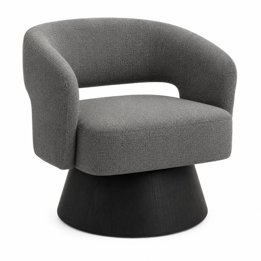 Silla de tela gris con base de madera negra, 75 cm de alto