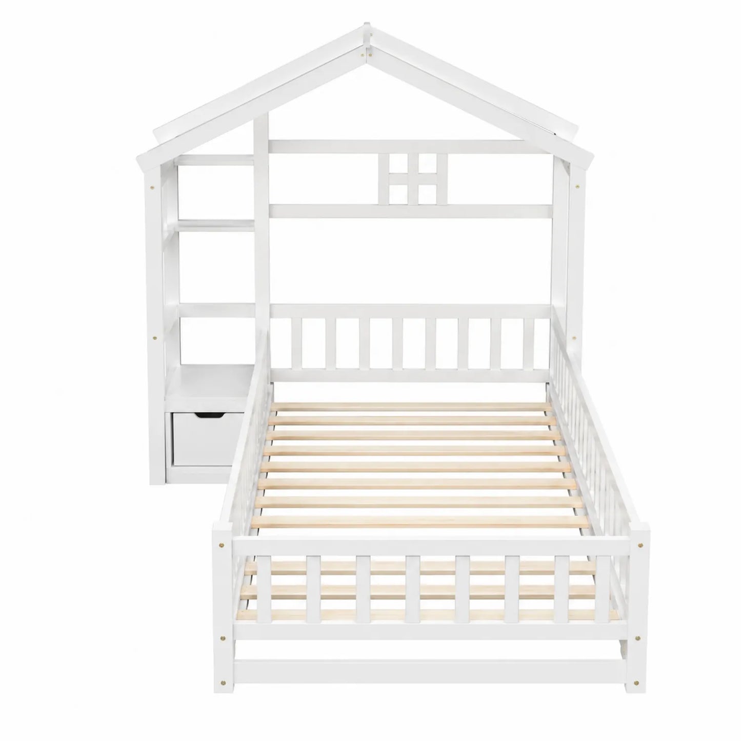 Cama infantil de madera con diseño de casa y almacenamiento 198x98x153 cm Blanco