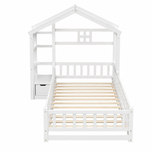 Cama infantil de madera con diseño de casa y almacenamiento 198x98x153 cm Blanco