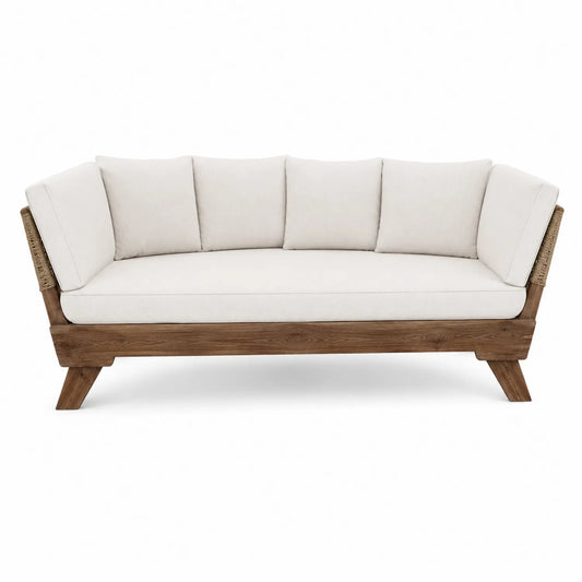 Sofá de exterior de madera de teca con cojines crema 200x85x75 cm