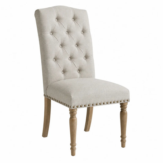 Silla de comedor de lino beige con respaldo alto y patas de madera