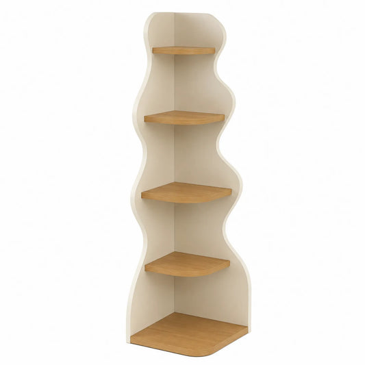 Estantería de esquina de MDF con 4 estantes beige y madera