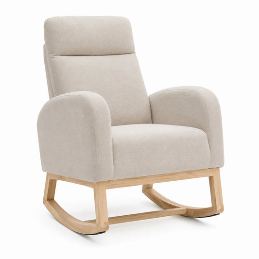 Sillón mecadora de tela de poliéster beige y base de madera de haya