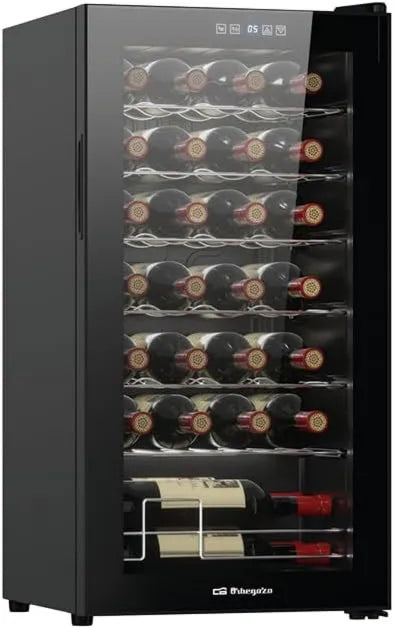 adega elétrica R600a, 74 L, 28 garrafas, classe energética G, 2 zonas de temperatura, temperatura 5-18°, adega Orbegozo com, volume 74