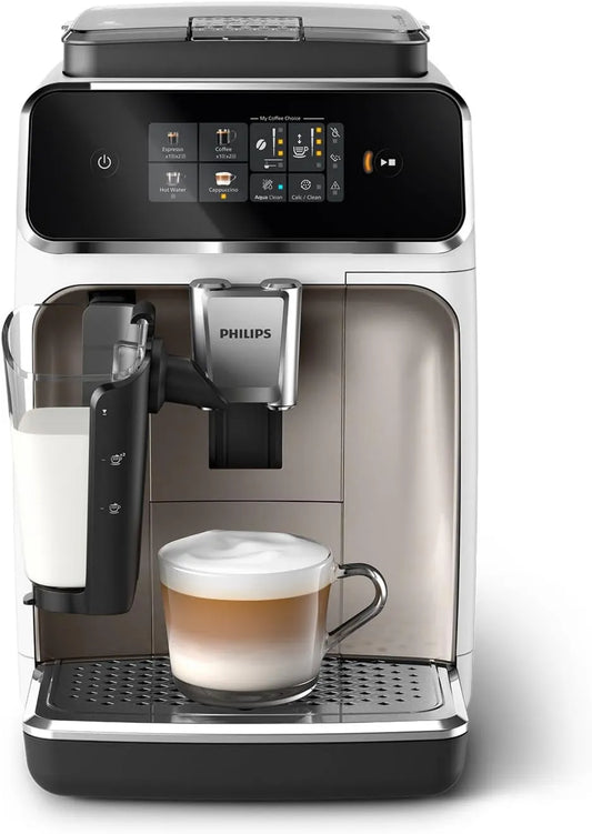 PHILIPS 4 bebidas, grão máquina de café 2300, LatteGo, White Cromado EP2333/40, SilentBrew 40% mais silencioso, 100% moedor de cerâmica, HomeID app