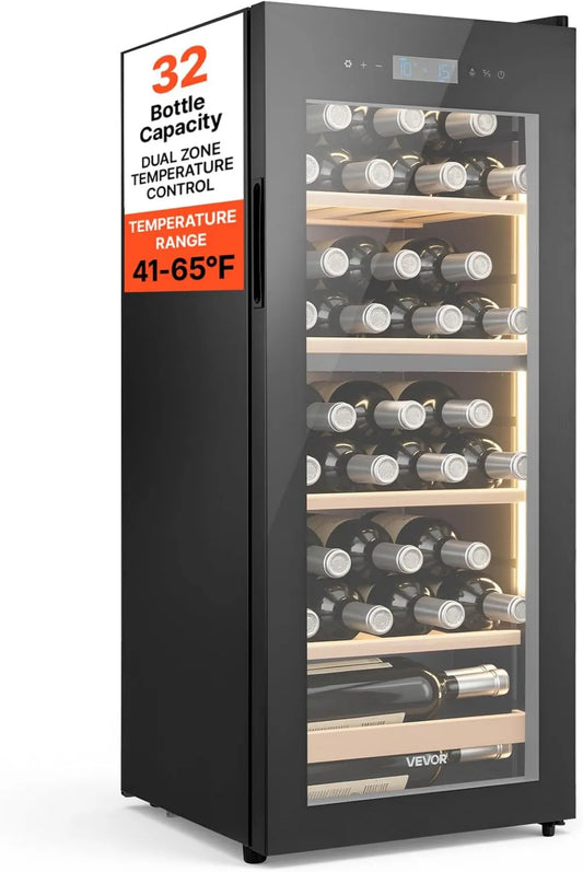 VEVOR adega elétrica, 32 garrafas, 5 a 18 °C, 2 zonas de temperatura, vidro, para Reds Champanhes Brancos Effervescents House Bar