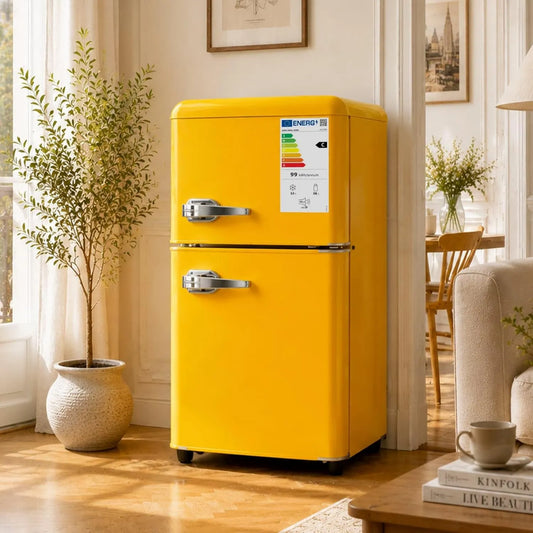 KOMHTOM Frigorífico, 60 L, classe energética C, decoração da sala, 2 zonas de temperatura, ajuste de temperatura em 7 níveis, KOMTTOM Mini