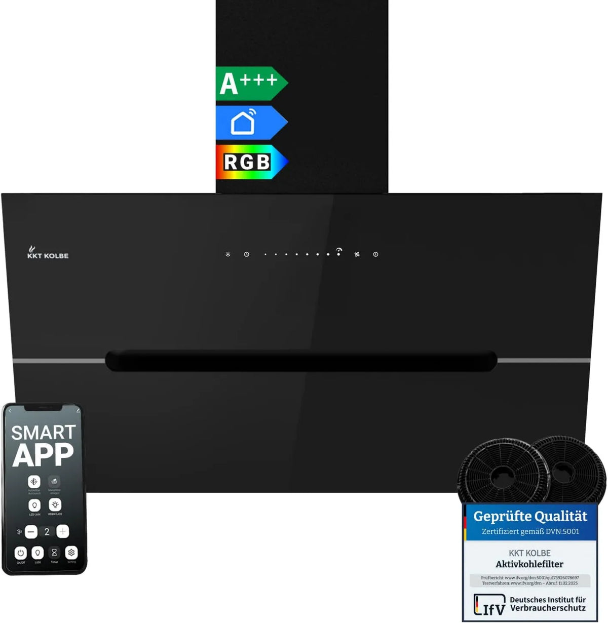 KKT KOLBE exaustor ECCO9005SM, 90 cm, capa de cozinha, iluminação LED, instalação de parede, Wi-Fi, aplicação, preto, dreno de tráfego 782 cbm