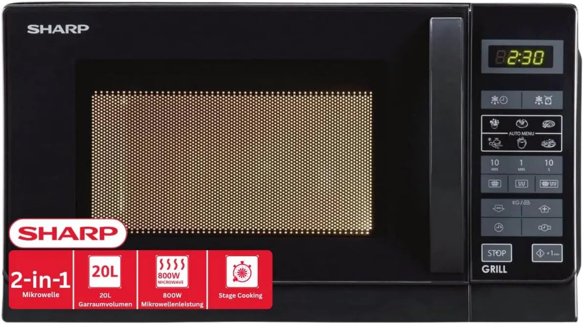 Sharp R642BKW Microondas, 20 L, grelha, microondas, preto, Sharp 2 em 1 microondas com grelha R642BKW