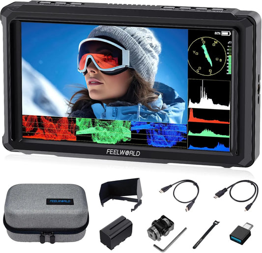 FEELWORLD Com bateria F750, FW568 Pro 6' Câmera de ecrã traseira 1200Nits 3D LUT, forma de onda e foco pico, ideal para fabricantes de vídeo profissionais e profissionais