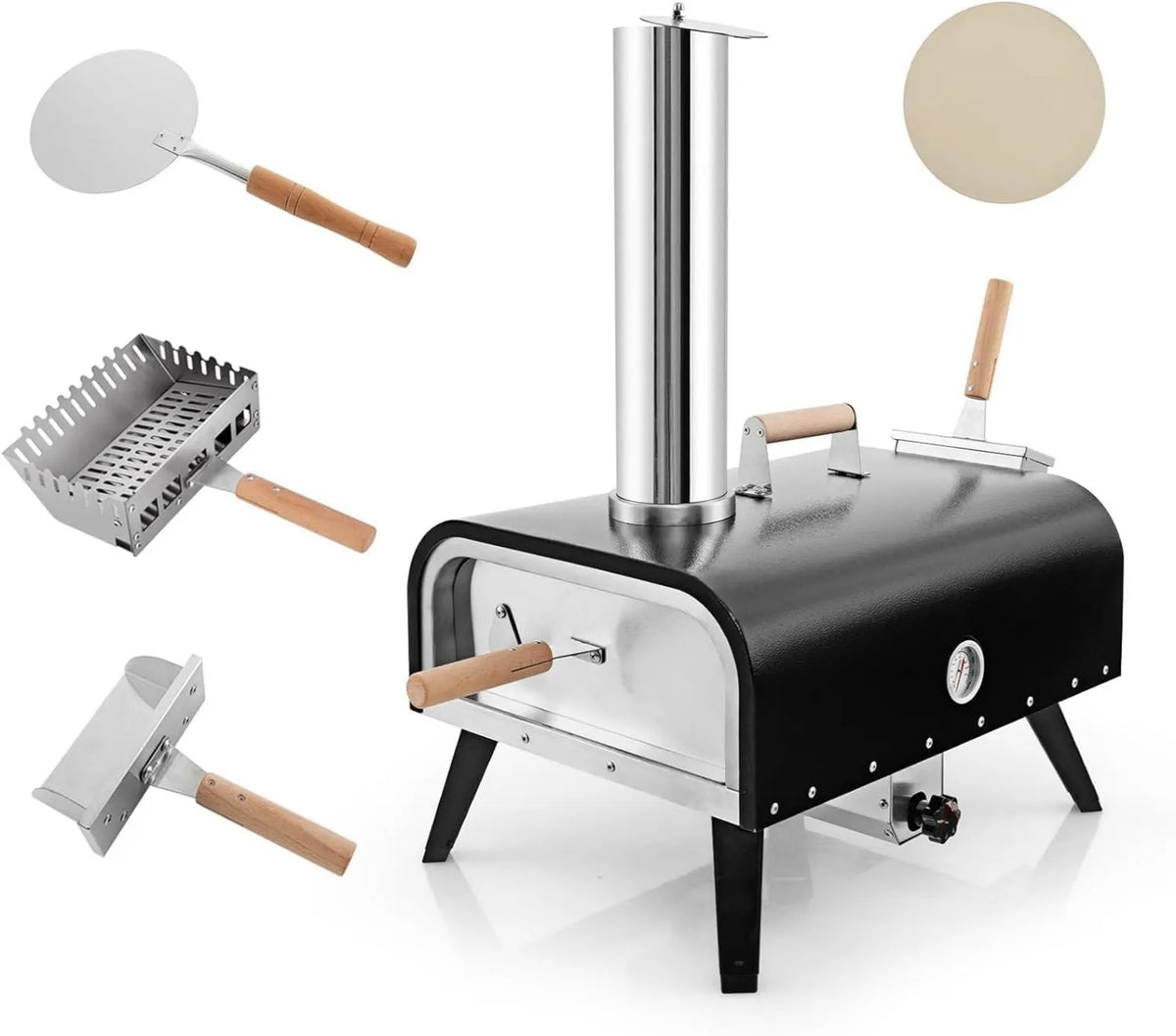 KOMFOTTEU Pizza forno elétrico, portátil, ao ar livre, camping, aço inoxidável, Pizza pelle, para churrasco, Pedra para pizza, com moldura rotativa