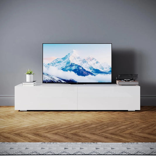 SONNI suporte de TV, 65 polegadas, 160 x 40 x 30 cm, decoração da sala, branco, 2 portas dobráveis, prateleira de TV para sala de estar, pendurado, de pé, design sem alça