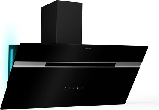 exaustor KLARSTEIN, 90 cm, 615 m3/h, 63 dB, classe energética A, capa de cozinha, toque, silencioso, preto, LED multicolor, fluxo de ar 615