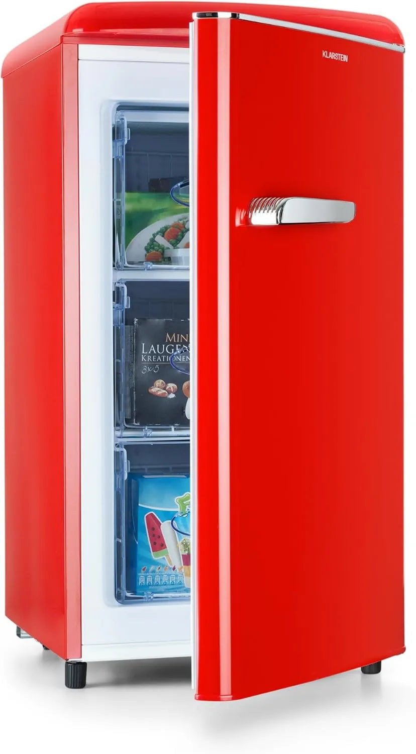 KLARSTEIN Congelador, 60 L, 0 a -18 °C, instalação gratuita, grelha, termostato, armário congelador, vermelho, 3 grelhas