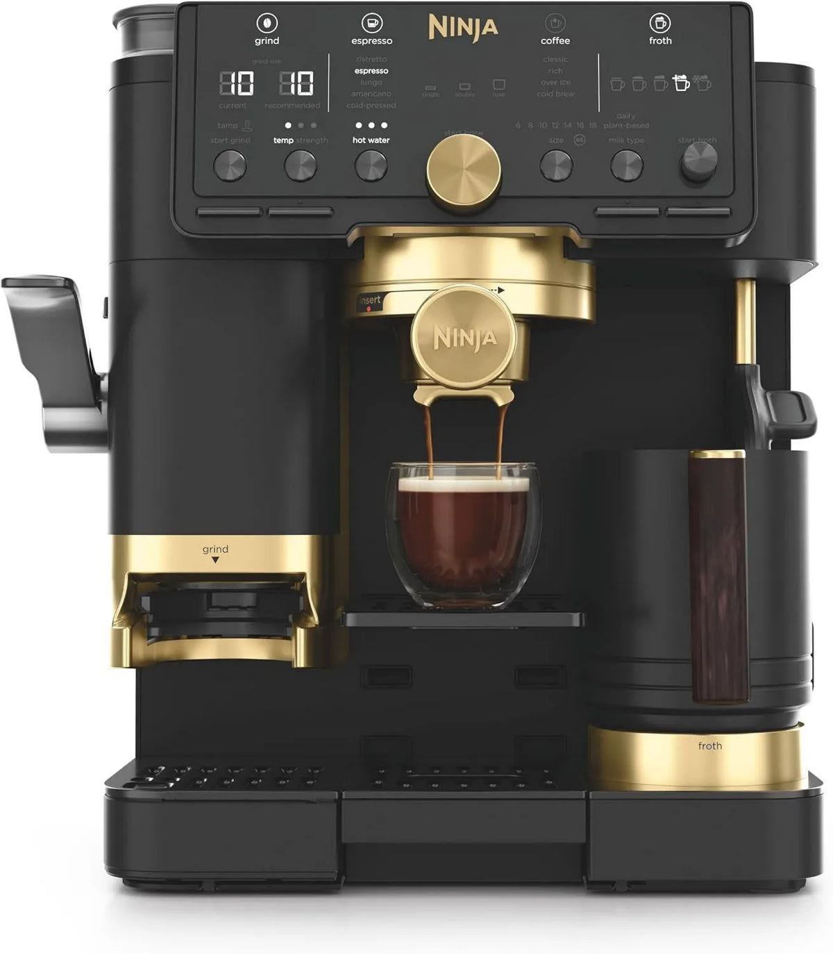 Máquina de café NINJA 3-em-1 concebida por David Beckham: expresso, Luxe Café Pro, filtro de café e infusão de frio, moedor, bico de leite encastrado 3-em-1