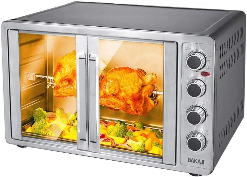 Forno elétrico, 55 L, 2200 W, temporizador, 2 zonas de temperatura, BAKAJI Forno elétrico ventilado 55 l de potência 2200 W com porta dupla luz