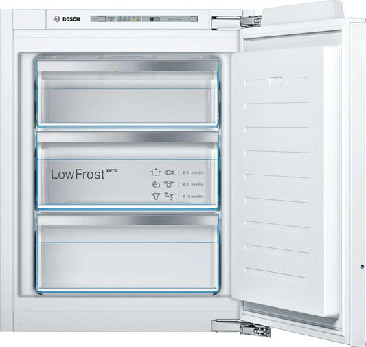 Bosch GIV11AFE0 Congelador, 72 L, 72 x 56 cm, encastrado, armário congelador, SuperFreezing, Série 6, 3 gavetas, porta de alarme aberta