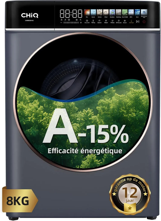 Máquina de lavar roupa CW086581Ax, 33cm, 8 kg, 76 dB, classe energética A, toque, inversor, vapor, cinza, 1400 T, min, 520mm, CHiQ 8kg Máquina de lavar roupa com classe